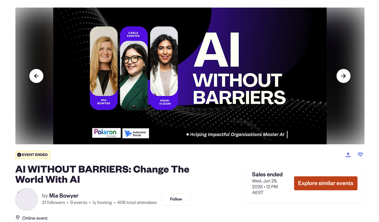 Eventbrite listing for AI Without Barriers hosted by Mia Bowyer
