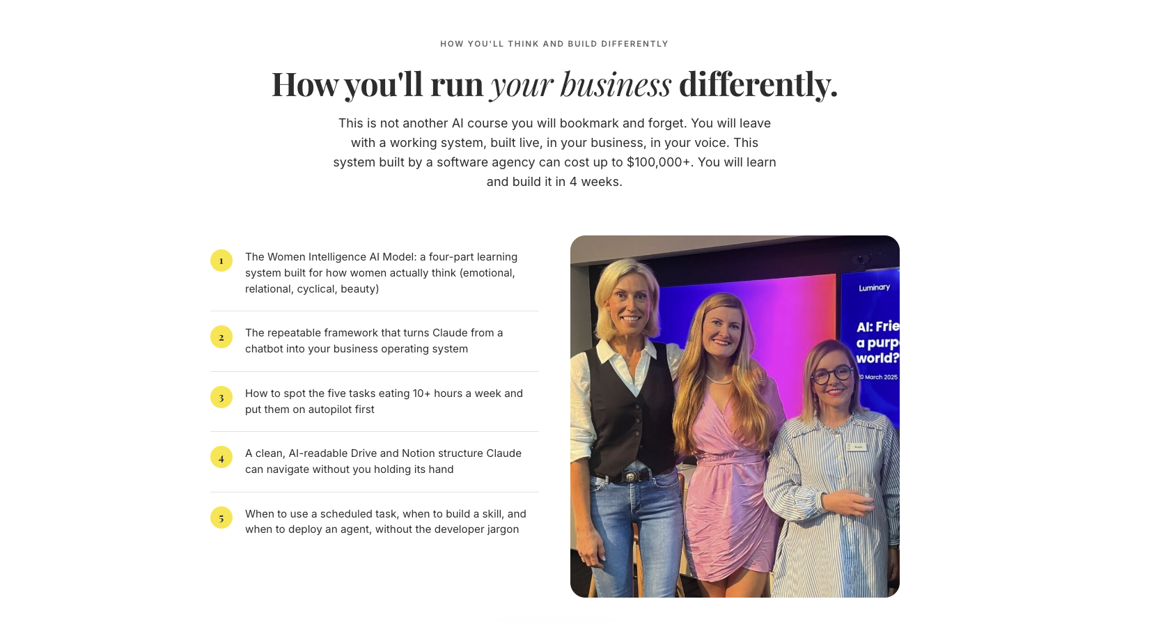 Tech Ready Women AI Operator Program page featuring Mia Bowyer