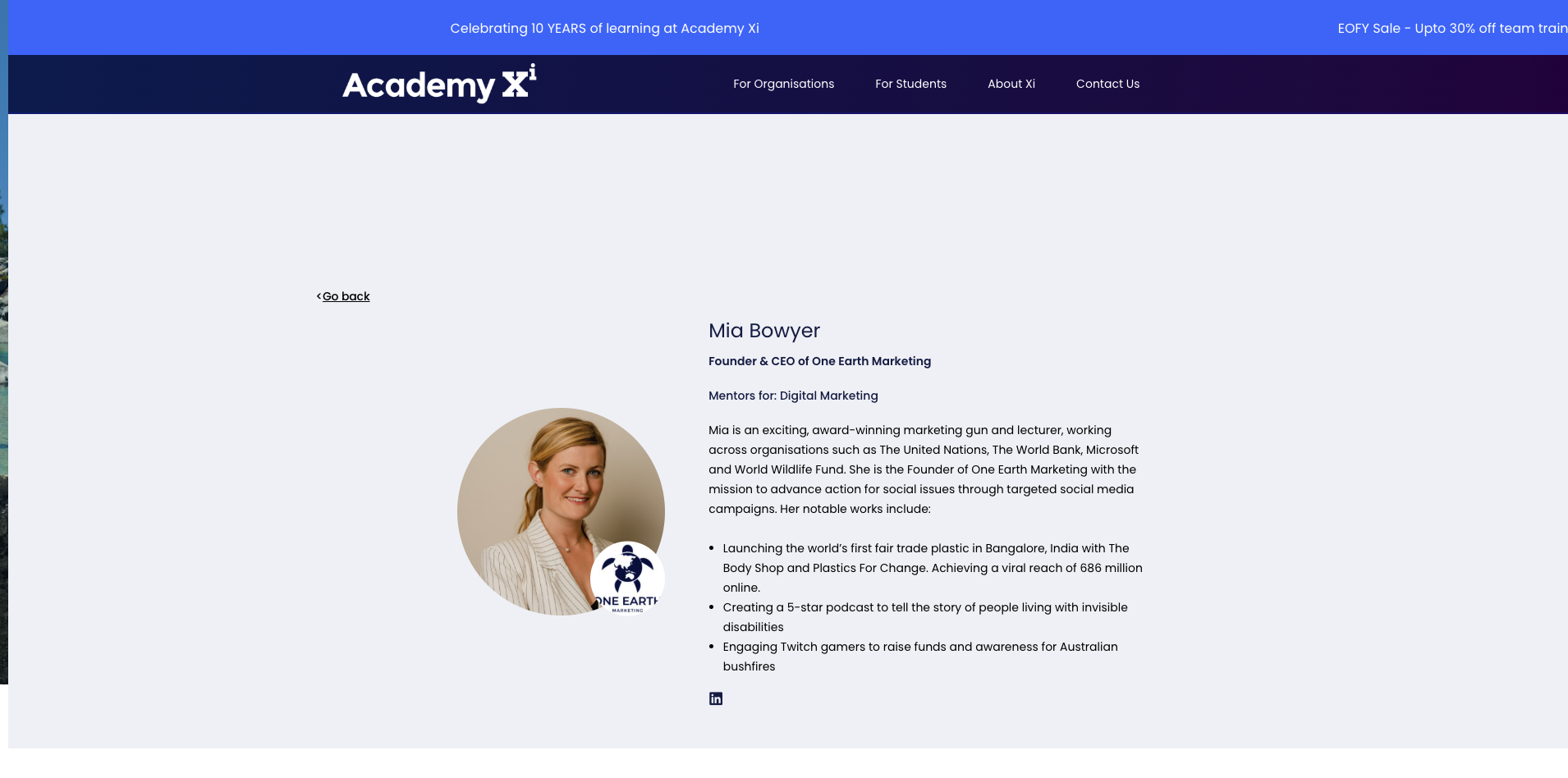 Academy Xi mentor profile page for Mia Bowyer