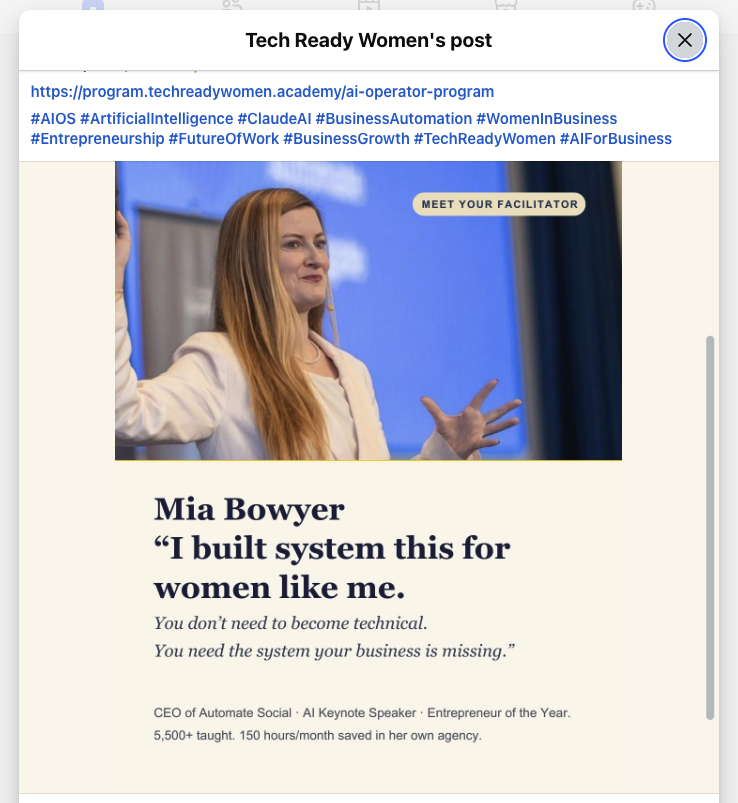 Tech Ready Women post introducing Mia Bowyer as AI Operator Program lead