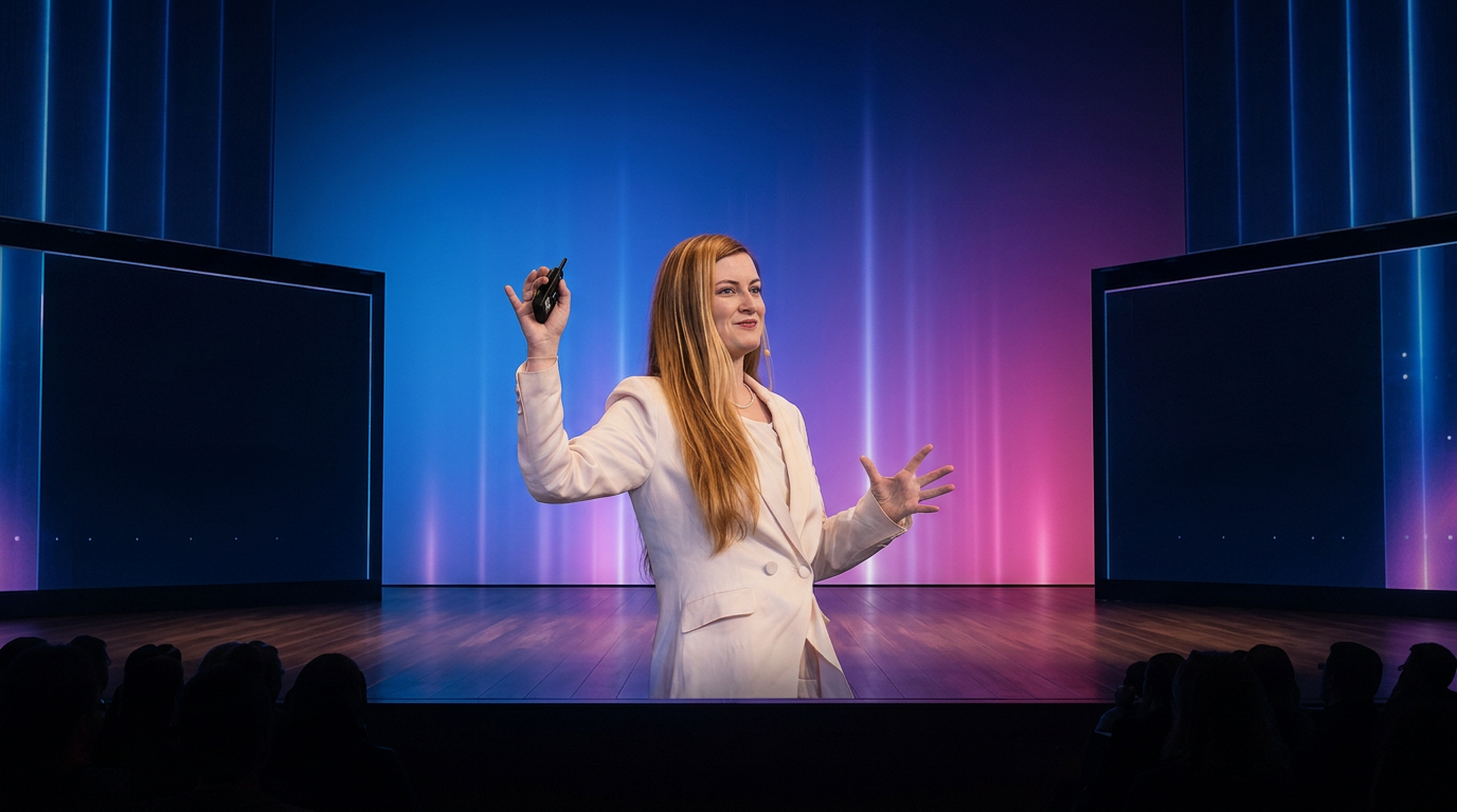 AI keynote speaker Mia Bowyer presenting on stage