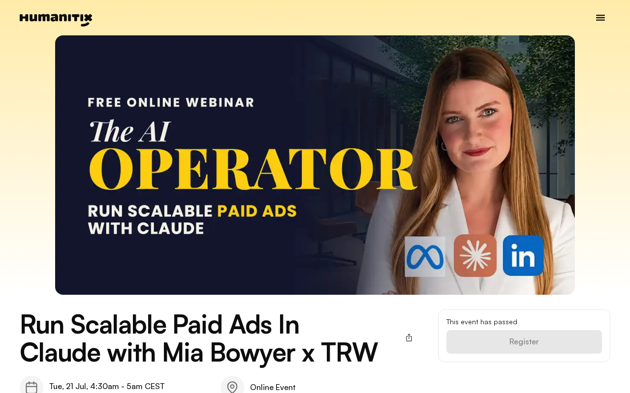 Humanitix event page for Run Scalable Paid Ads In Claude with Mia Bowyer